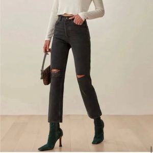 Reformation Cynthia High Waist Relaxed Jeans Lagoon Destroyed Ripped Black 25